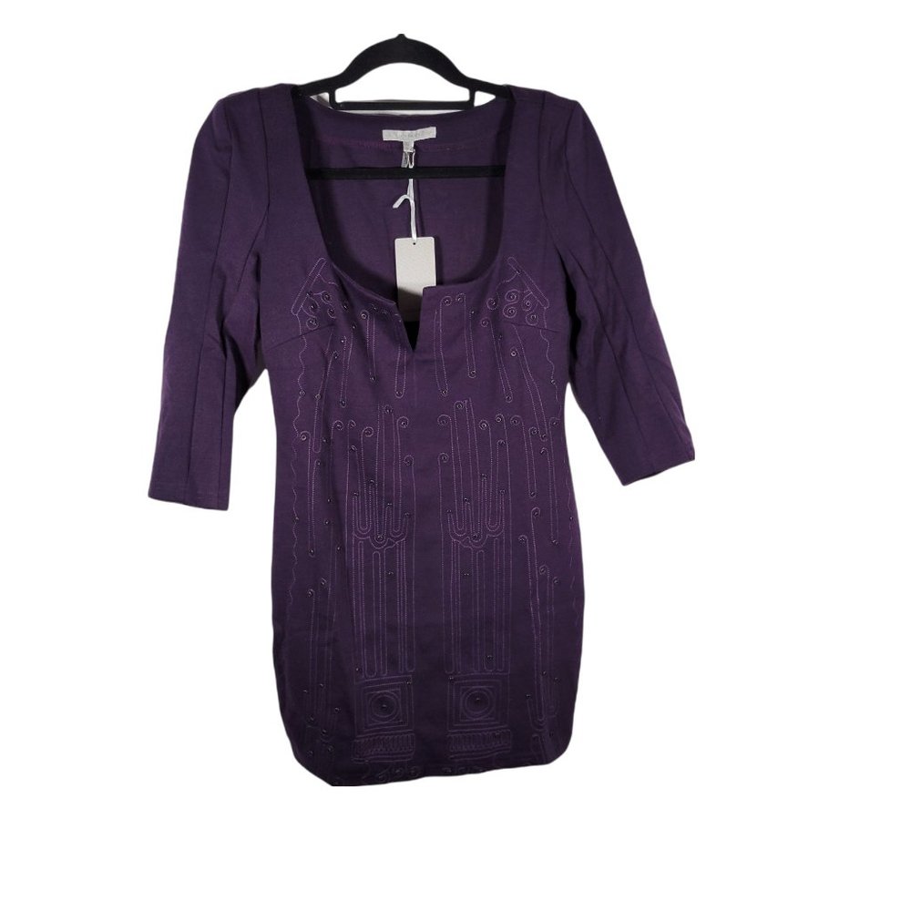 Lucy Paris Purple Plum Dress Mini 3/4 Sleeves Sequins Split Square Neck NWT